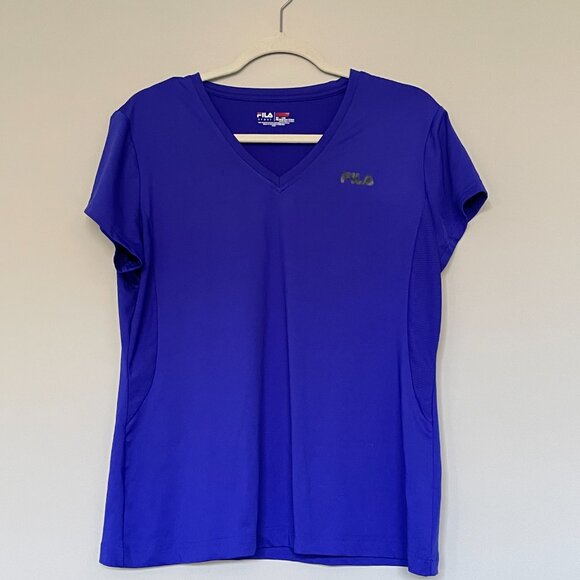Fila Sport Blue Short Sleeve V-Neck Athleisure Yoga Workout Wear T-shirt XL - Picture 2 of 4